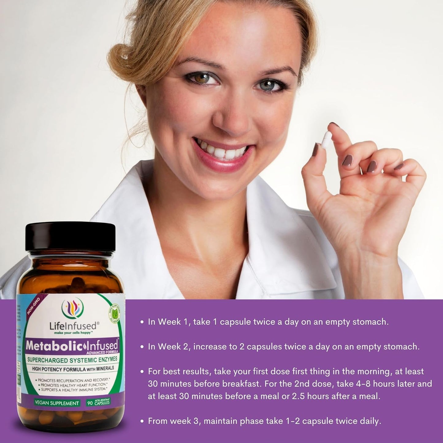 Premium Life Infused Metabolic Support - Vegan Blend of 11 Enzymes & 72 Minerals for Healthy Immune System - 90 Servings