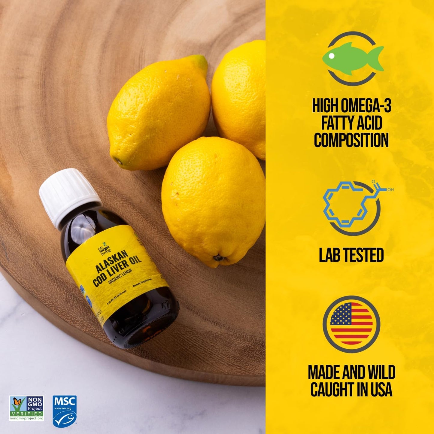 Premium Line Caught Alaskan Cod Liver Oil - Travel Size 3.33 oz | Organic Lemon Flavor | Rich in Vitamins A & D | On Target Living