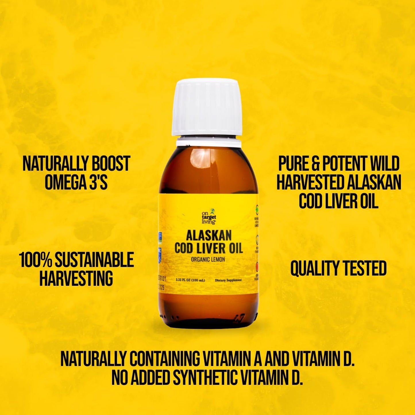 Premium Line Caught Alaskan Cod Liver Oil - Travel Size 3.33 oz | Organic Lemon Flavor | Rich in Vitamins A & D | On Target Living
