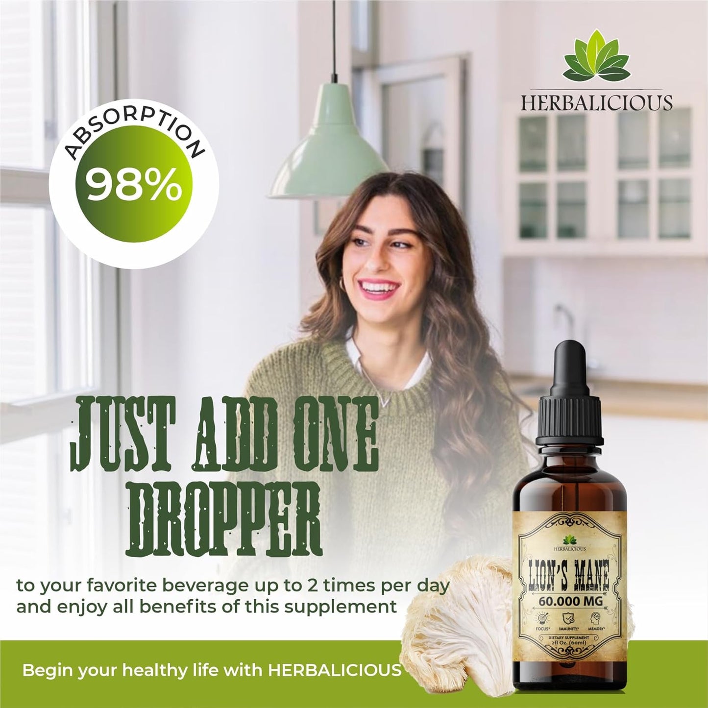 Premium Lion's Mane Liquid Mushroom Supplement for Memory, Focus, and Nerve Support - Non-GMO and Gluten-Free - 2 Fl Oz