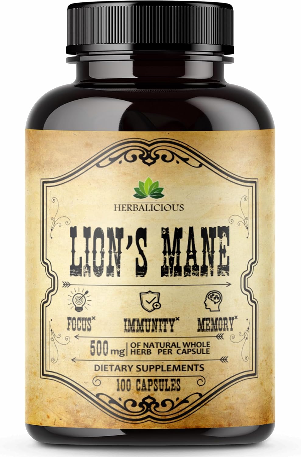 Premium Lion’s Mane Mushroom Supplement Capsules for Memory and Nerve Support - Non-Gluten, Non-GMO Focus Supplement - 500mg Lion’s Mane - 100 Capsules