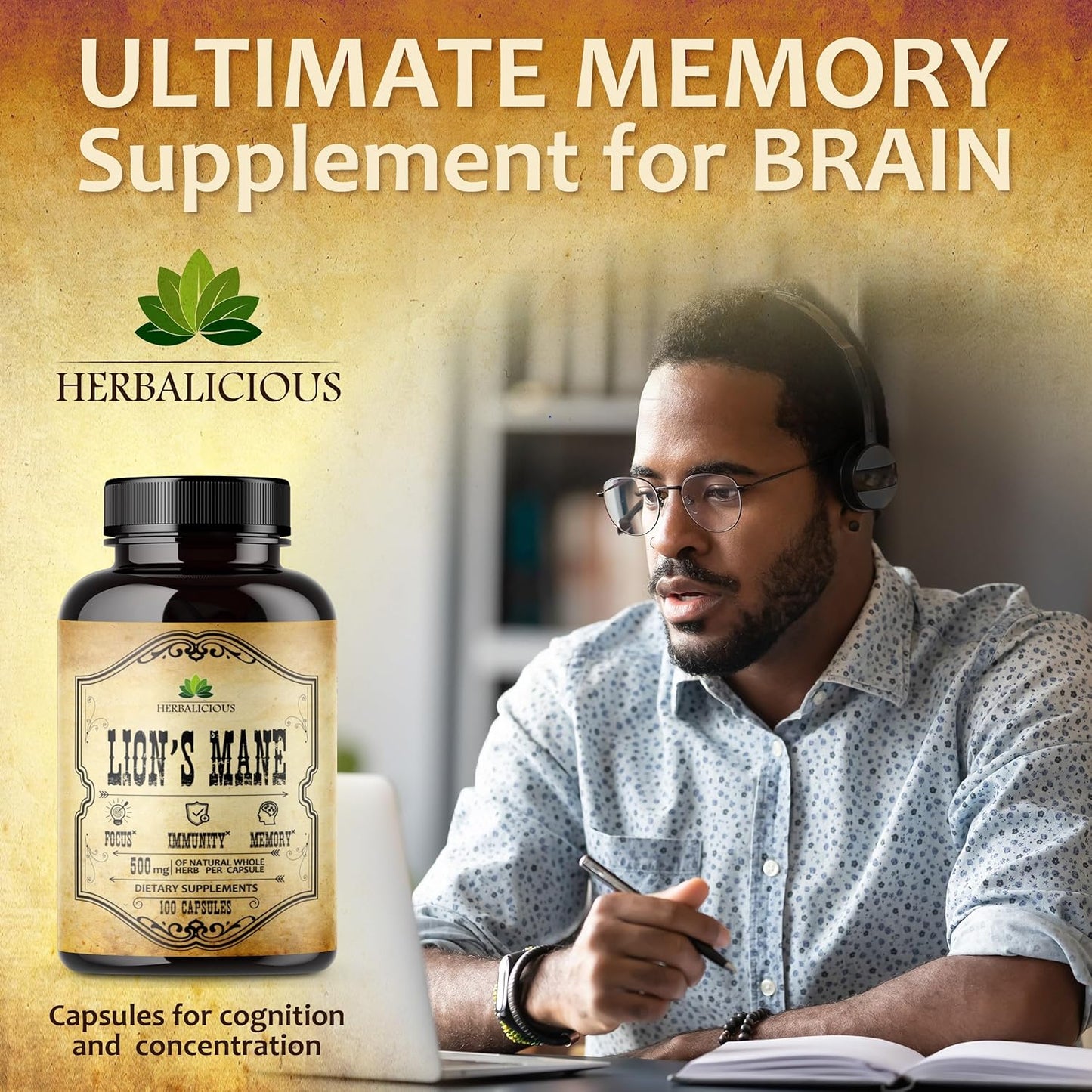 Premium Lion’s Mane Mushroom Supplement Capsules for Memory and Nerve Support - Non-Gluten, Non-GMO Focus Supplement - 500mg Lion’s Mane - 100 Capsules