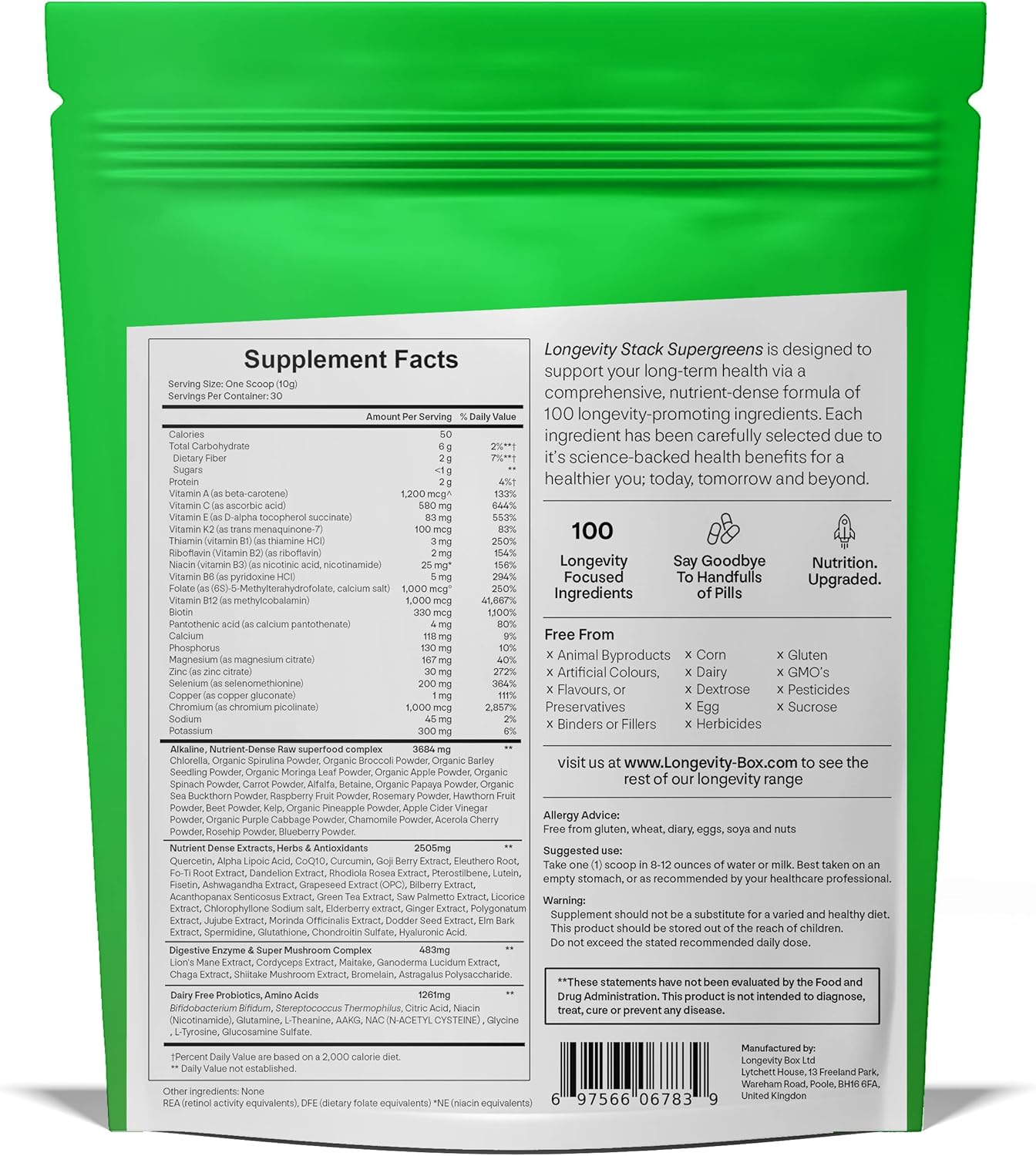 Premium Longevity Box Super Greens Powder - 100 Ingredients | 300g, 30 Servings | Vegan & Vegetarian | Rich in Vitamins & Minerals