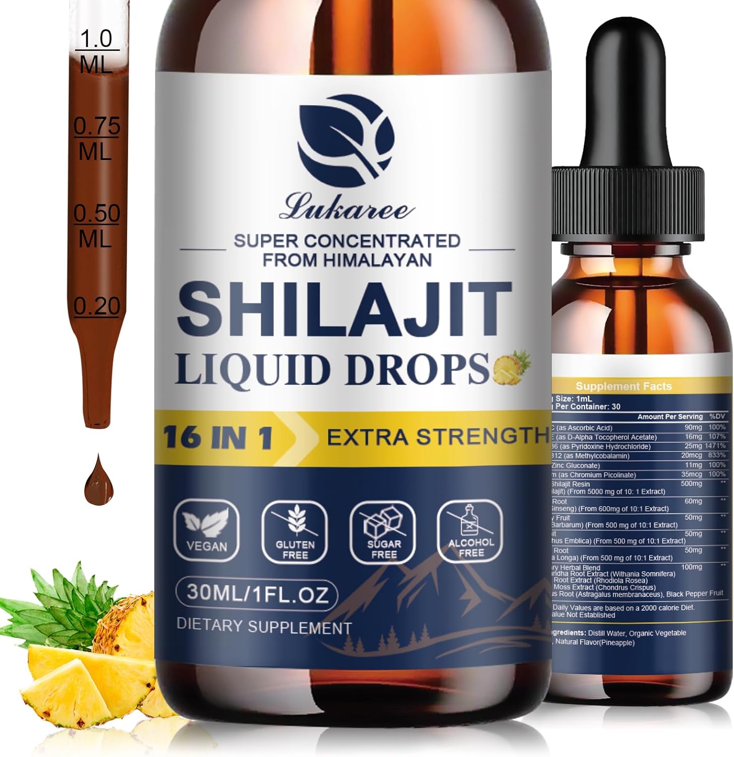 Premium Lukaree 16-in-1 Shilajit Resin Liquid Drops with Ginseng, Turmeric, Rhodiola & More - Men & Women's Supplement with 85+ Trace Minerals - 1 Fl Oz