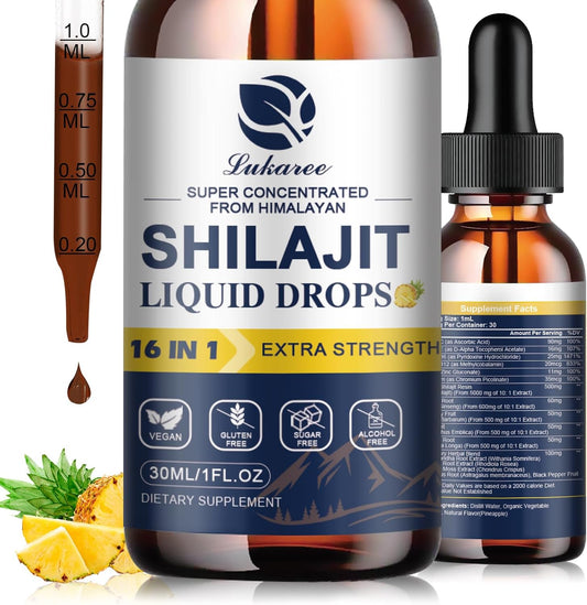 Premium Lukaree 16-in-1 Shilajit Resin Liquid Drops with Ginseng, Turmeric, Rhodiola & More - Men & Women's Supplement with 85+ Trace Minerals - 1 Fl Oz