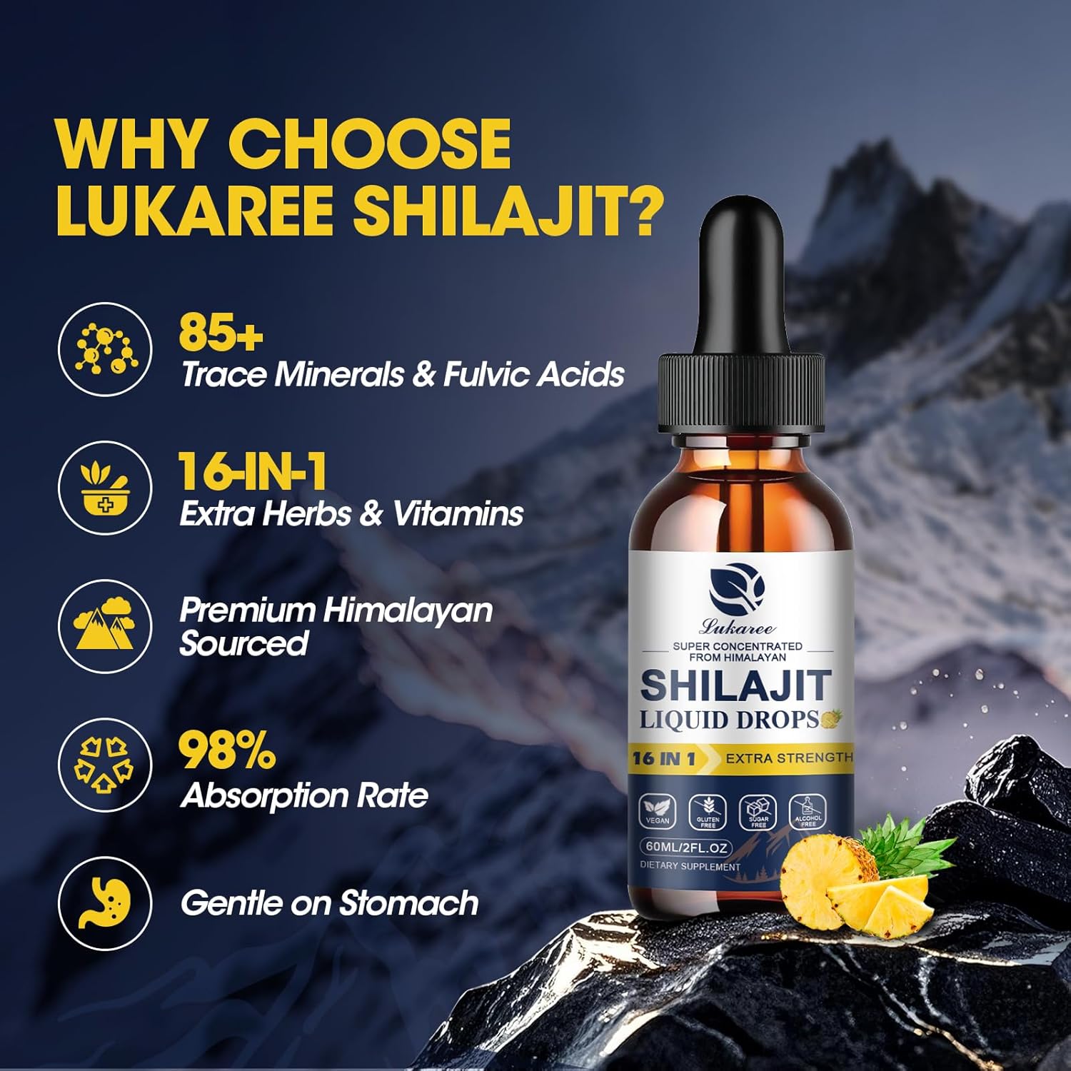 Premium Lukaree 16-in-1 Shilajit Resin Liquid Drops with Ginseng, Turmeric, Rhodiola & More - Men & Women's Supplement with 85+ Trace Minerals - 1 Fl Oz