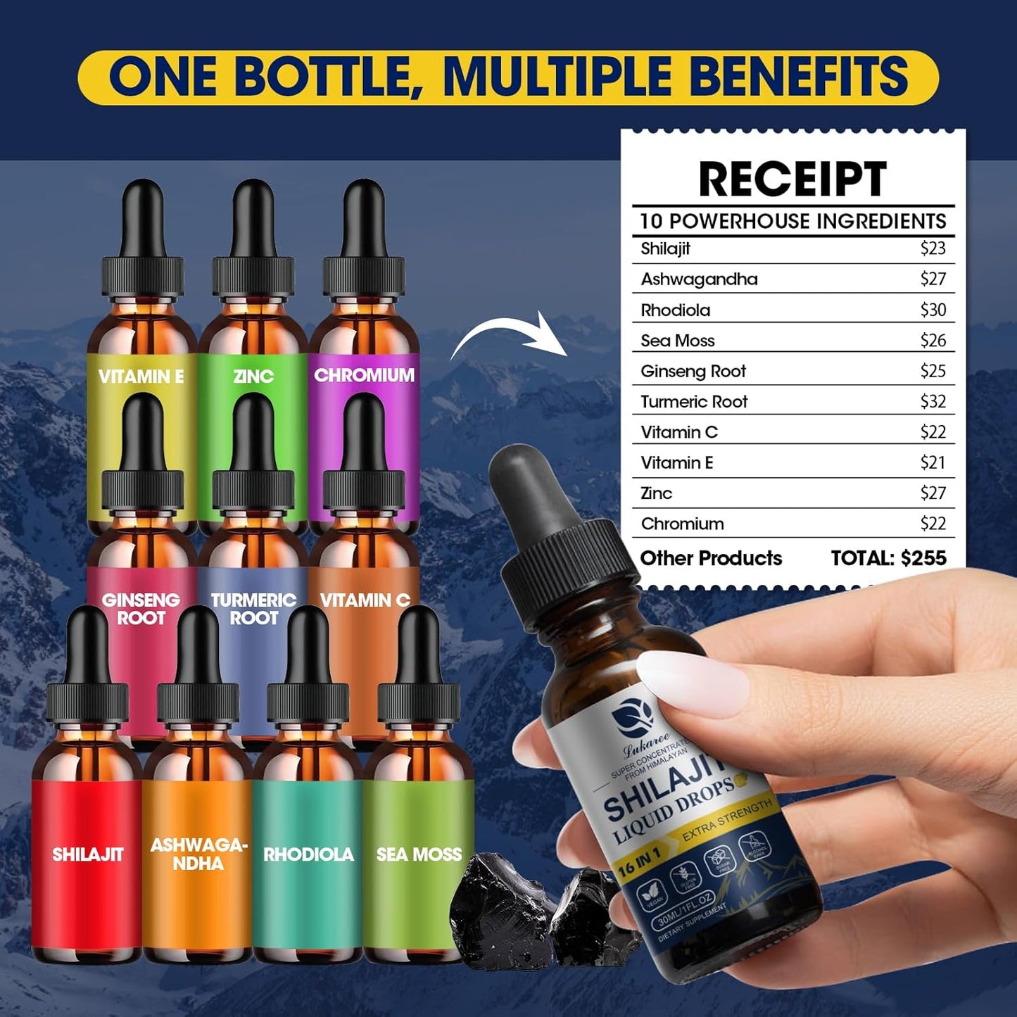 Premium Lukaree 16-in-1 Shilajit Resin Liquid Drops with Ginseng, Turmeric, Rhodiola & More - Men & Women's Supplement with 85+ Trace Minerals - 1 Fl Oz