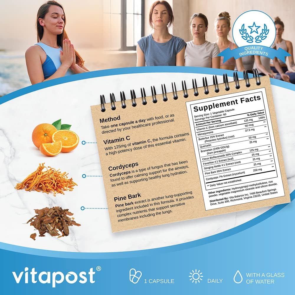 Premium Lung Support Supplement with Vitamins C & K, Quercetin, Bromelain, and Cordyceps Extract - 60 Capsules - BoostGo Australia