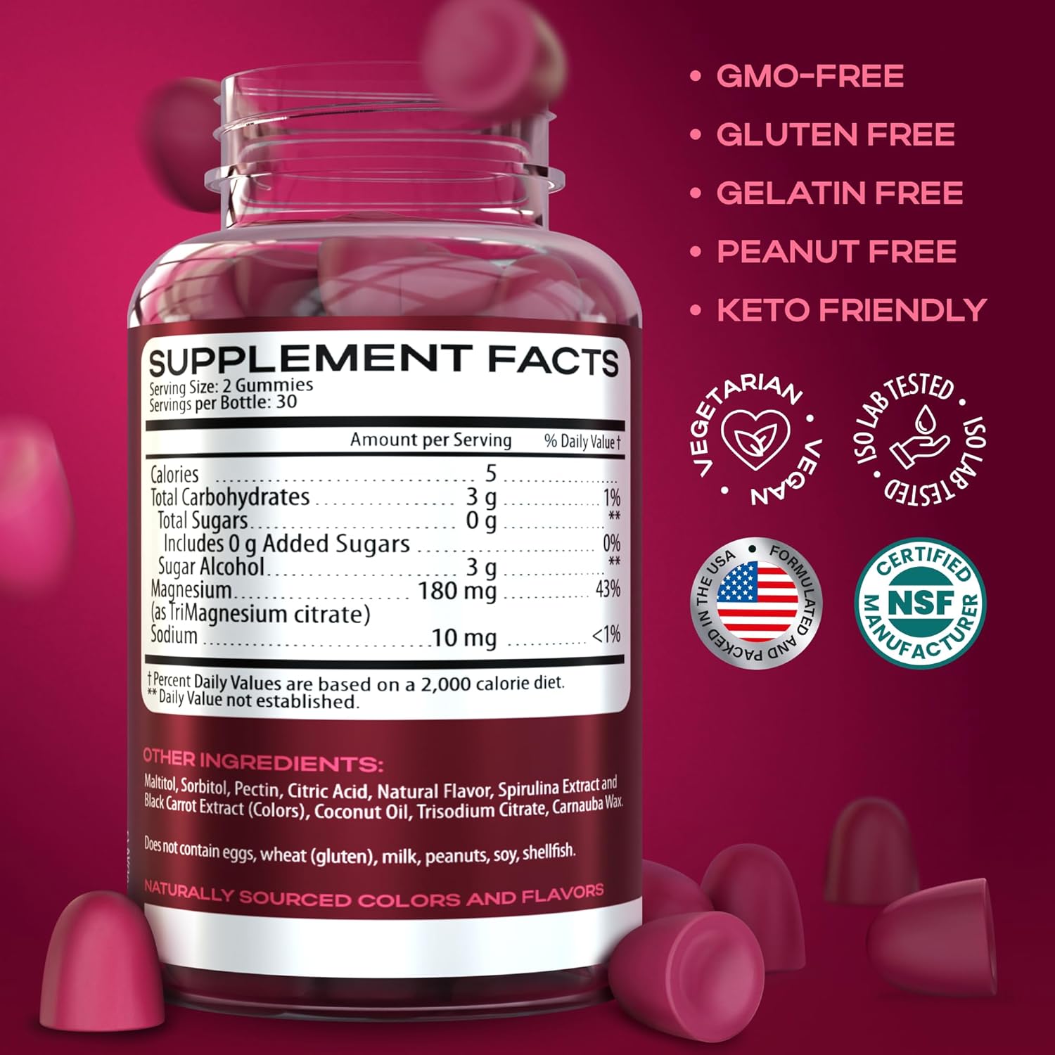 Premium Magnesium Citrate Gummies for Adults - 180mg Supplement for Muscles, Nerves, Bones, Heart Health - Gluten-Free, Sugar-Free Berry Flavor - Men, Women - 60 Gummies