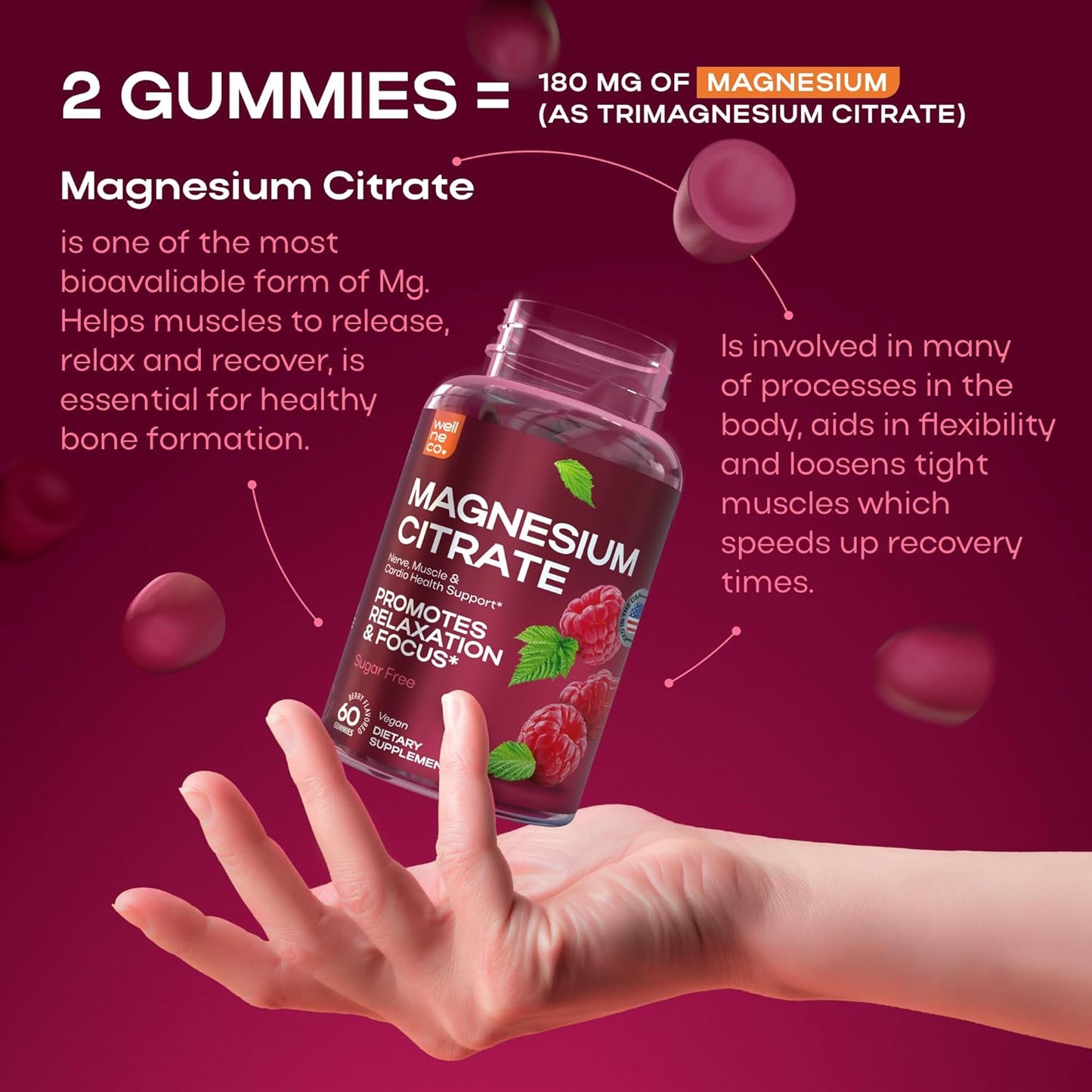 Premium Magnesium Citrate Gummies for Adults - 180mg Supplement for Muscles, Nerves, Bones, Heart Health - Gluten-Free, Sugar-Free Berry Flavor - Men, Women - 60 Gummies
