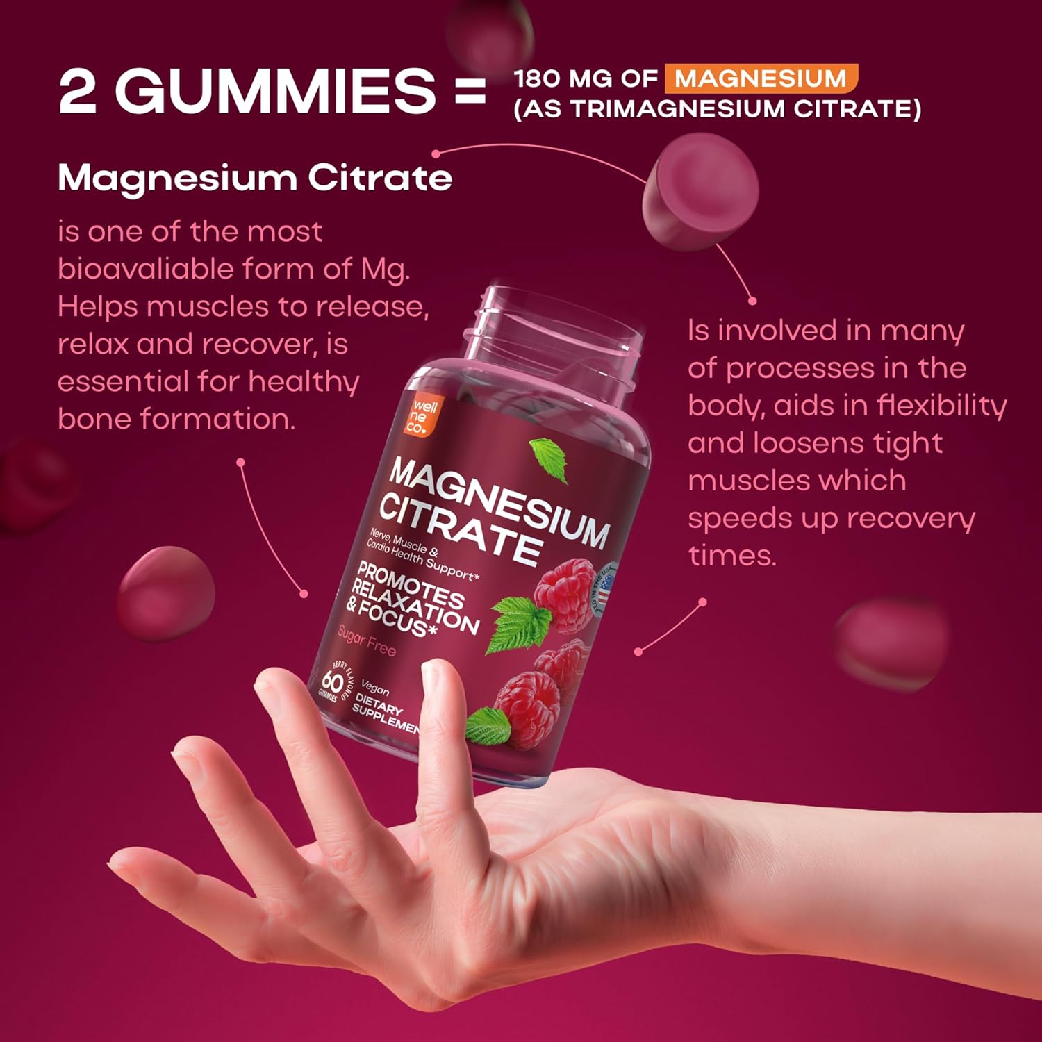 Premium Magnesium Citrate Gummies for Adults - 180mg Supplement for Muscles, Nerves, Bones, Heart Health - Gluten-Free, Sugar-Free Berry Flavor - Men, Women - 60 Gummies