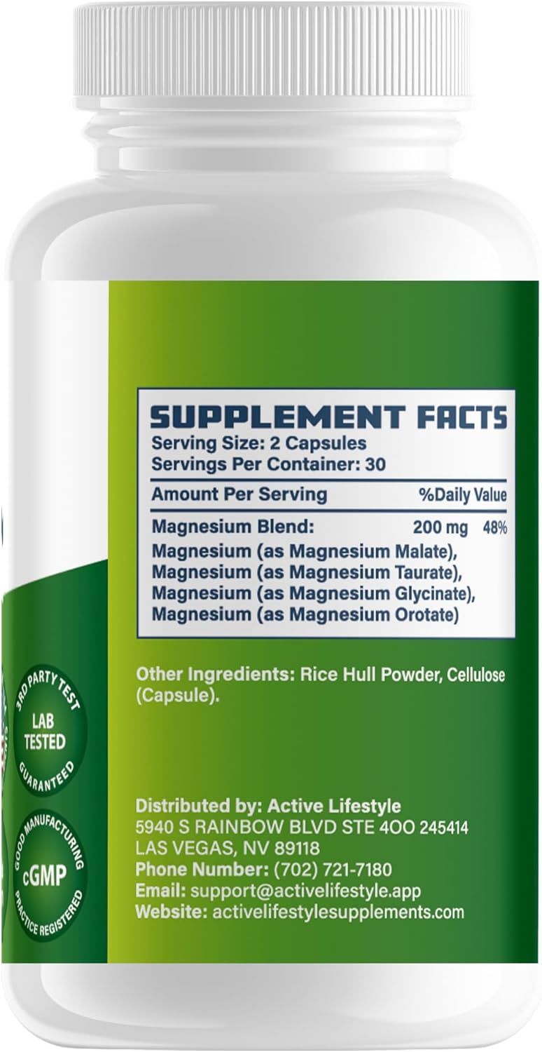 Premium Magnesium Complex Capsules for Active Men & Women | Supports Sleep, Joints, Heart, Energy | Magnesium Glycinate, Malate, Taurate, Orotate | Made in USA | 200mg 60 Count