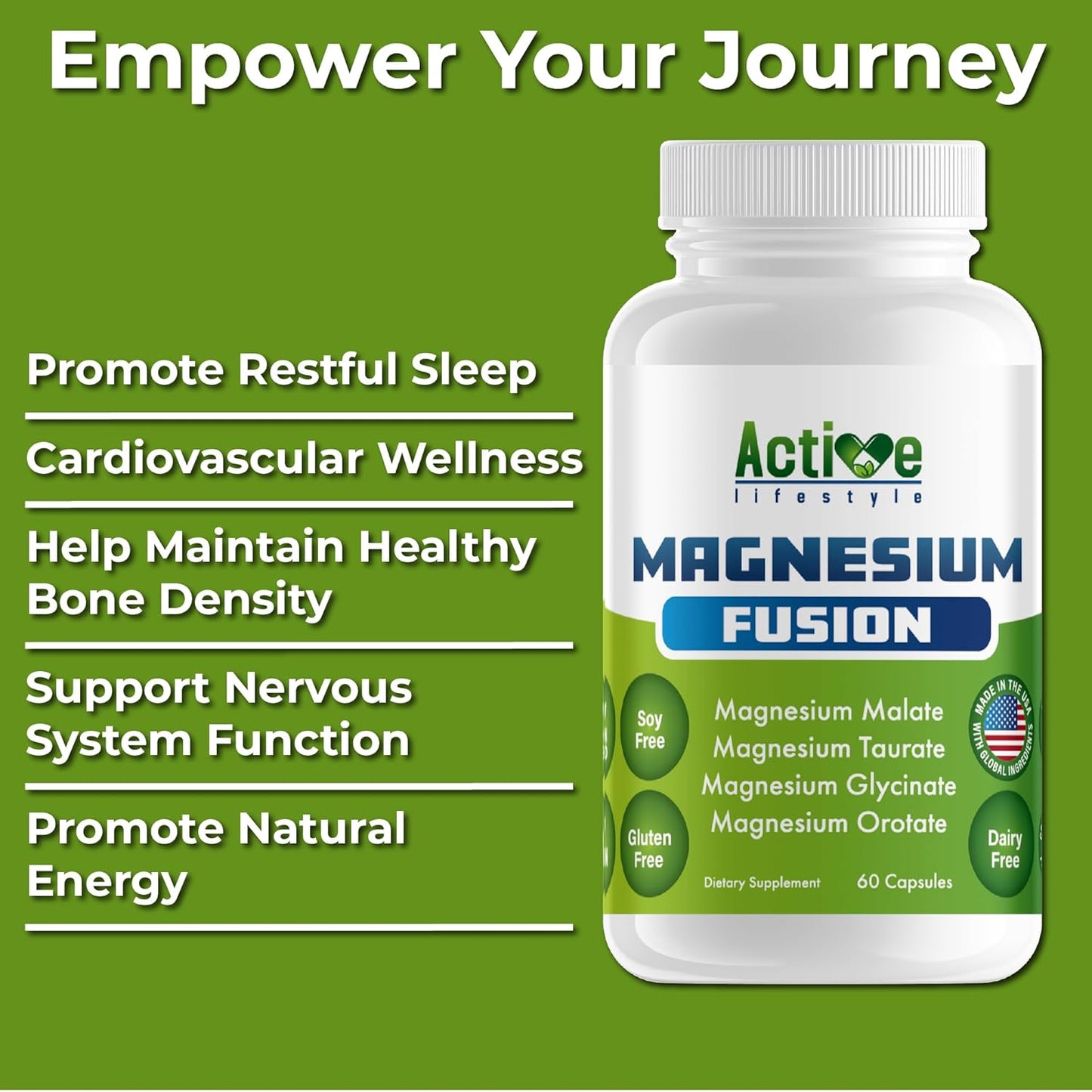 Premium Magnesium Complex Capsules for Active Men & Women | Supports Sleep, Joints, Heart, Energy | Magnesium Glycinate, Malate, Taurate, Orotate | Made in USA | 200mg 60 Count