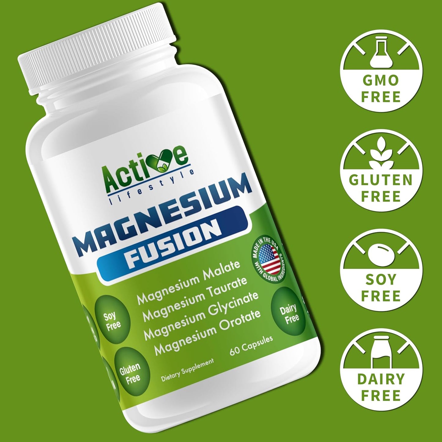 Premium Magnesium Complex Capsules for Active Men & Women | Supports Sleep, Joints, Heart, Energy | Magnesium Glycinate, Malate, Taurate, Orotate | Made in USA | 200mg 60 Count