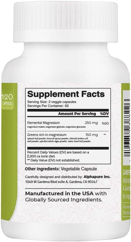 Premium Magnesium Complex with Greens - 250mg Elemental Magnesium - Third Party Tested - Magnesium Glycinate, Gluconate, Malate - Enriched with Five Magnesium-Rich Greens