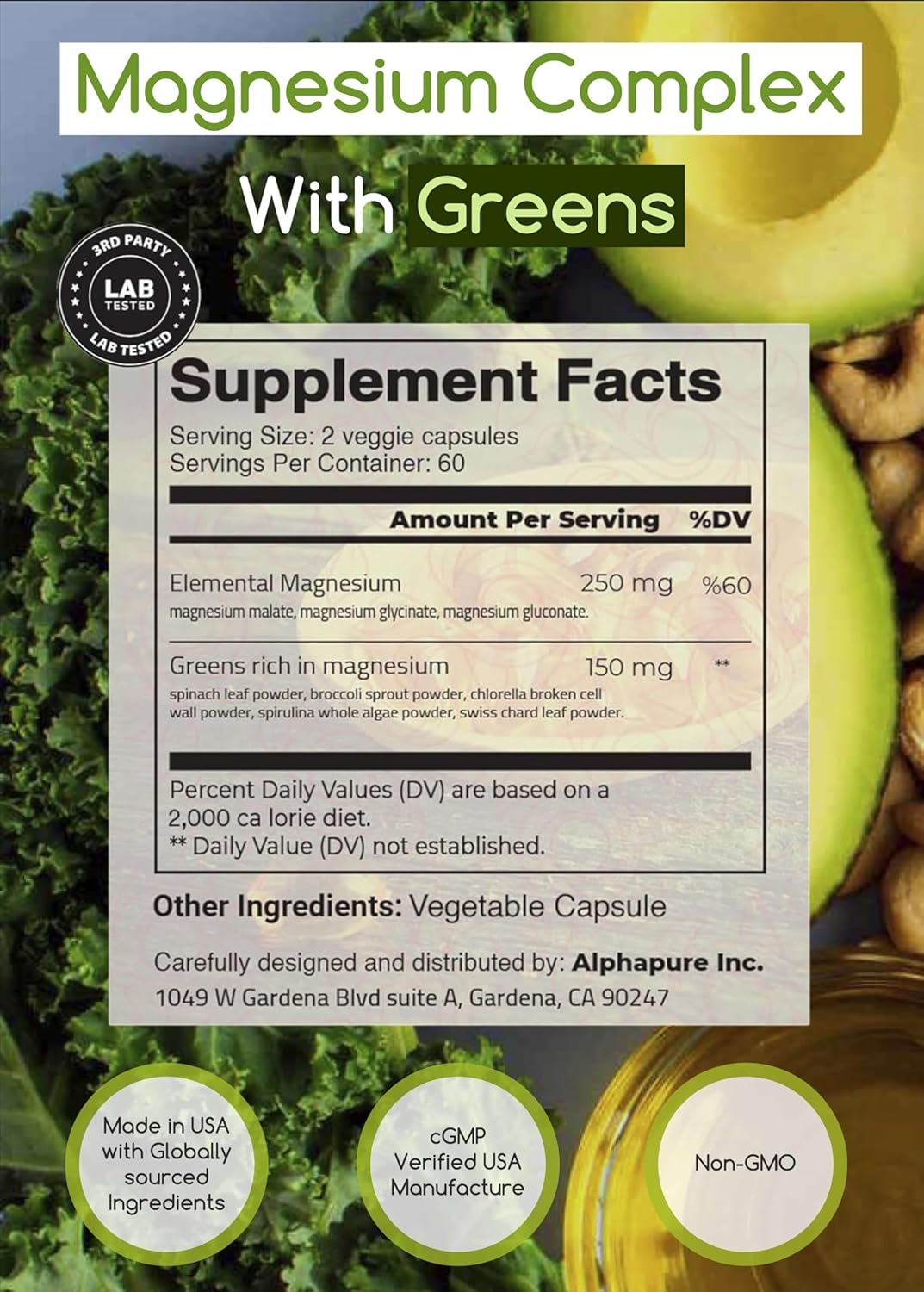 Premium Magnesium Complex with Greens - 250mg Elemental Magnesium - Third Party Tested - Magnesium Glycinate, Gluconate, Malate - Enriched with Five Magnesium-Rich Greens
