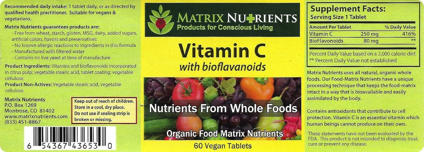 Premium Matrix Nutrients Vitamin C Tablets with Bioflavonoids for Maximum Absorption - 100% Organic and Vegan - Immune Boosting and Energy Lifting Formula - 60 Count