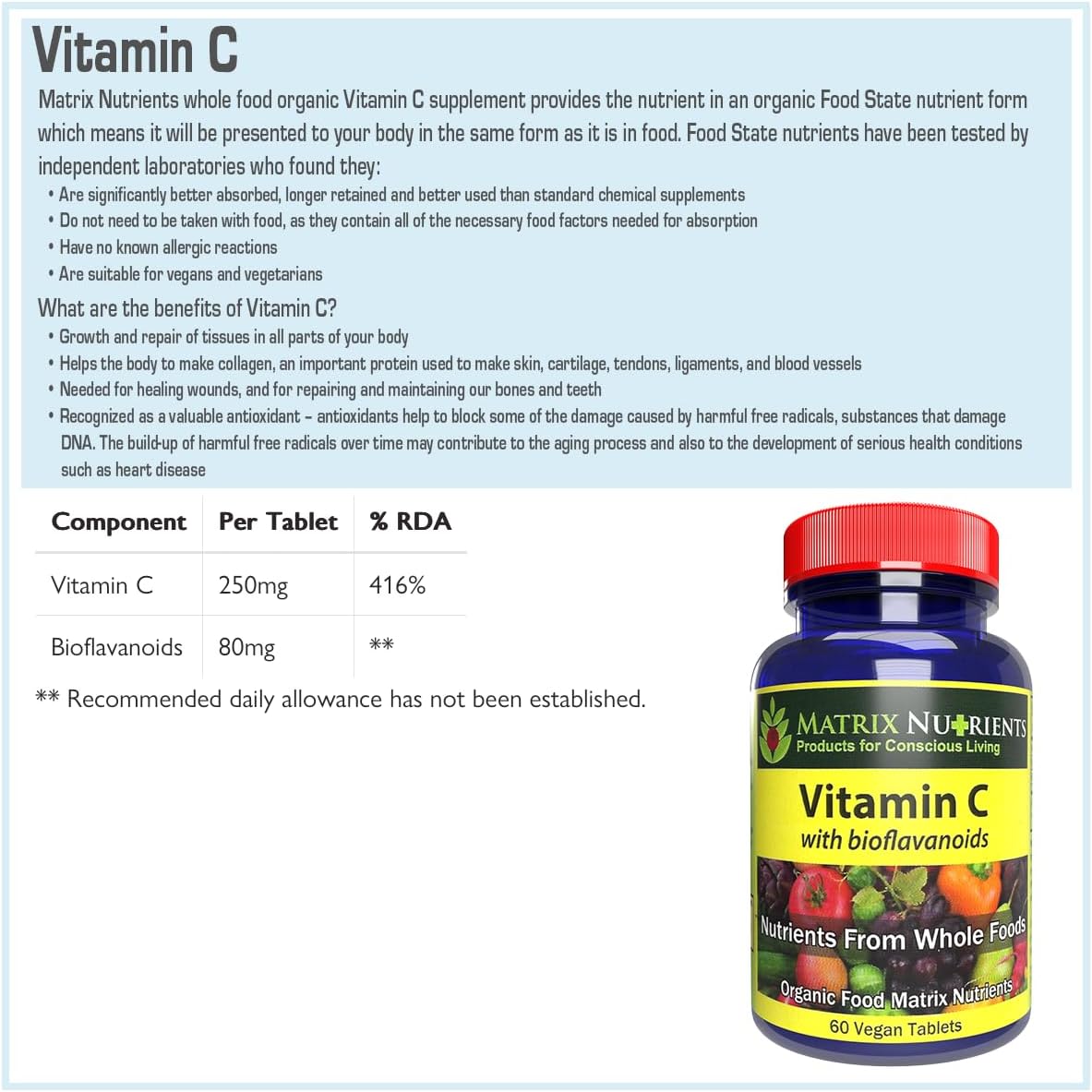 Premium Matrix Nutrients Vitamin C Tablets with Bioflavonoids for Maximum Absorption - 100% Organic and Vegan - Immune Boosting and Energy Lifting Formula - 60 Count