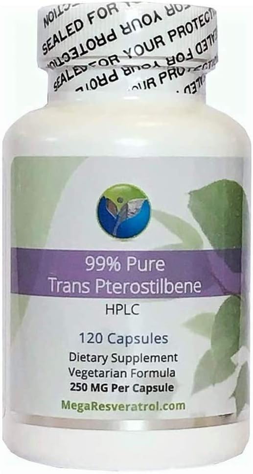Premium Mega Resveratrol Mega Pterostilbene Capsules 250 MG - 120 Vegetarian Capsules, 99% Pure Micronized Trans-Pterostilbene, Made in USA