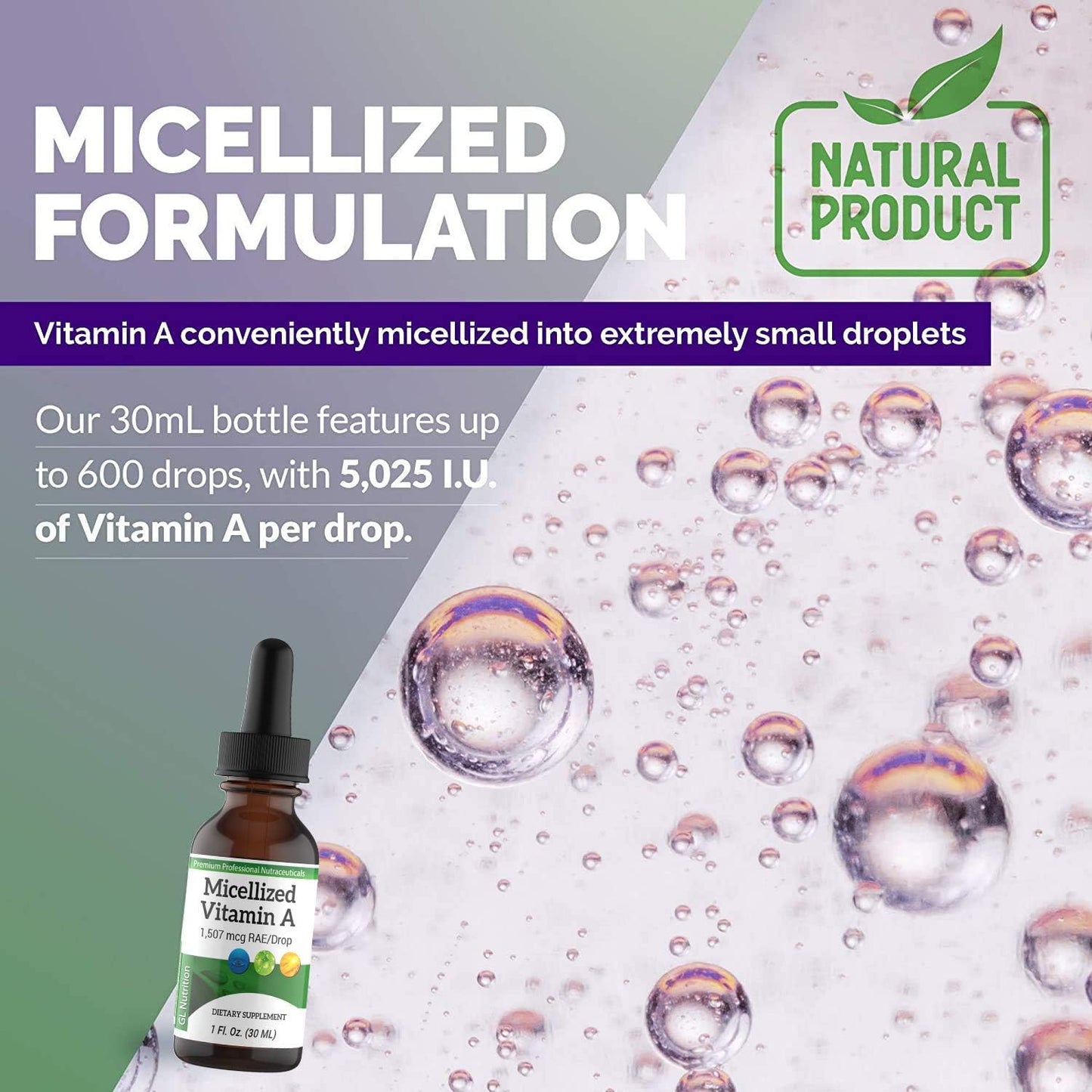 Premium Micellized Vitamin A Drops for Men & Women - Liquid Palmitate & Beta Carotene Supplement - 1,507mcg RAE (5025IU) - 1 Oz