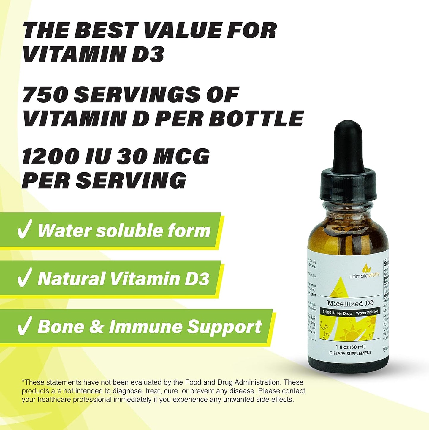 Premium Micellized Vitamin D3 Liquid - 750 Servings, 1200 IU Per Drop, Soy-Free, Water Soluble - 1 Ounce Size