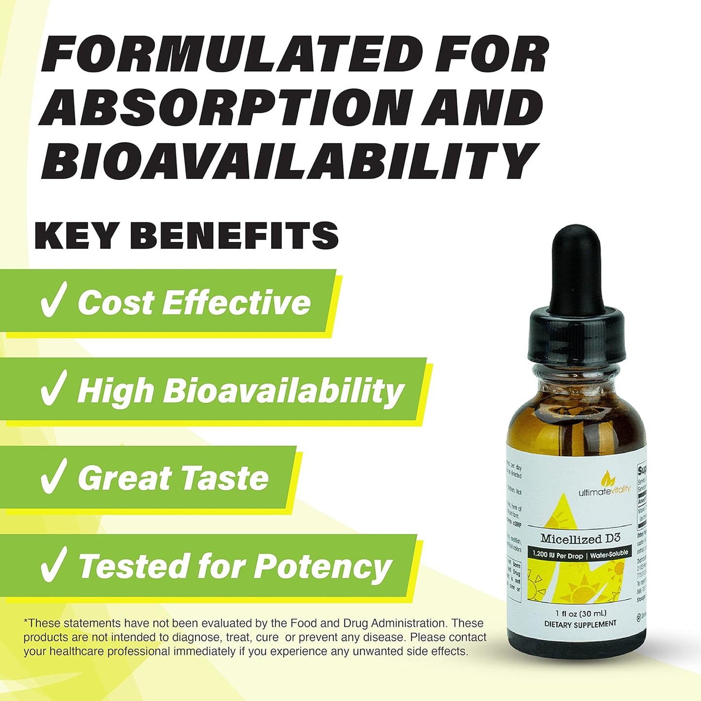 Premium Micellized Vitamin D3 Liquid - 750 Servings, 1200 IU Per Drop, Soy-Free, Water Soluble - 1 Ounce Size