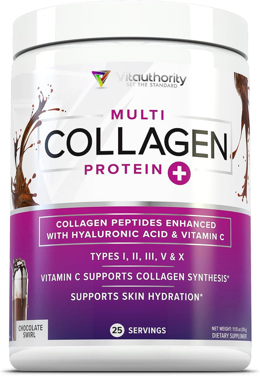 Premium Multi Collagen Peptides Powder - Grass Fed Hydrolyzed Collagen Drink Mix with Hyaluronic Acid and Vitamin C for Hair, Skin, and Nails - Men and Women's Beauty Supplement