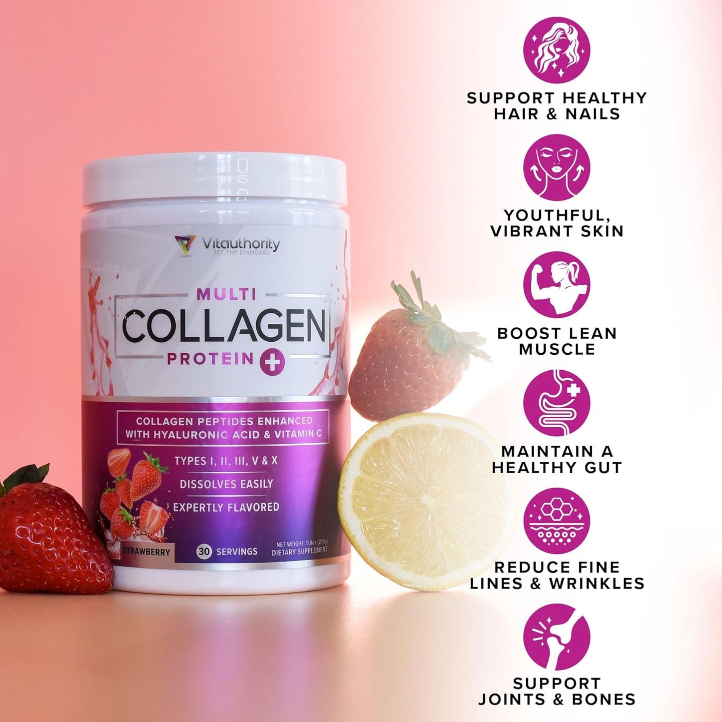 Premium Multi Collagen Peptides Powder - Grass Fed Hydrolyzed Collagen Drink Mix with Hyaluronic Acid and Vitamin C for Hair, Skin, and Nails - Men and Women's Beauty Supplement