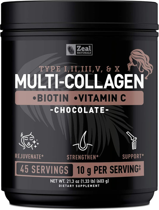 Premium Multi Collagen Peptides Protein Powder with Vitamin C, Biotin, Hyaluronic Acid - Chocolate (45 Servings)