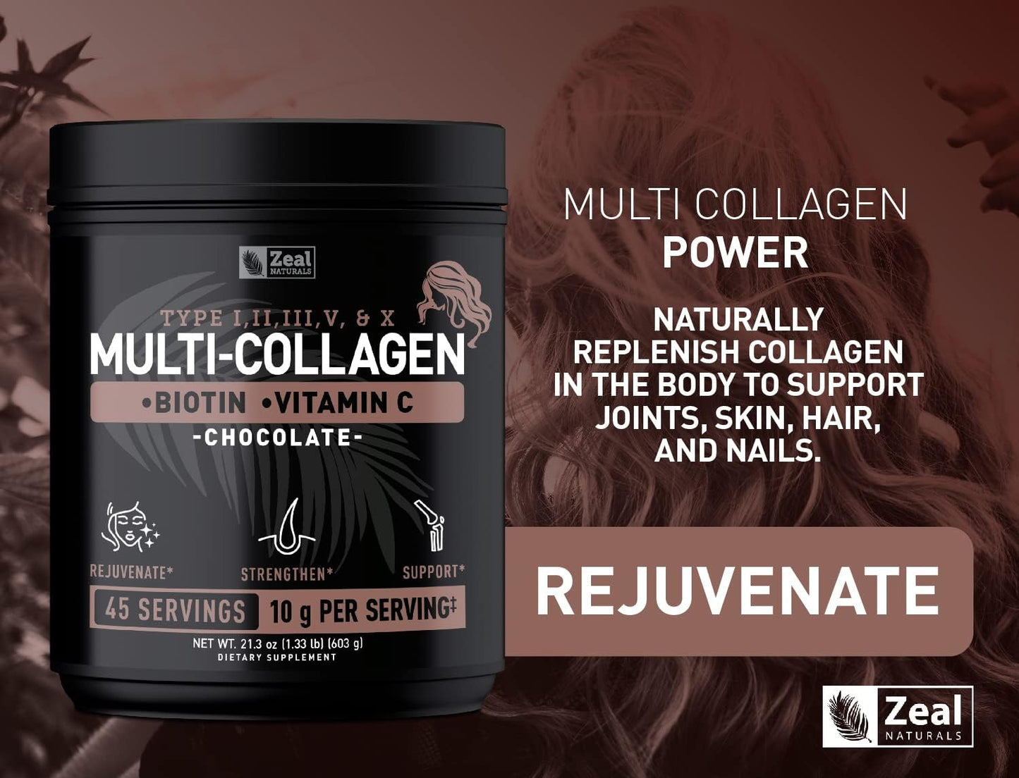 Premium Multi Collagen Peptides Protein Powder with Vitamin C, Biotin, Hyaluronic Acid - Chocolate (45 Servings)