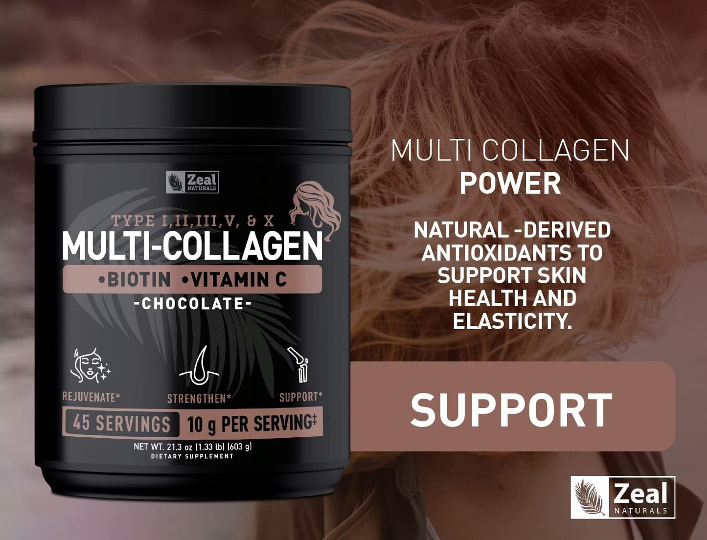 Premium Multi Collagen Peptides Protein Powder with Vitamin C, Biotin, Hyaluronic Acid - Chocolate (45 Servings)
