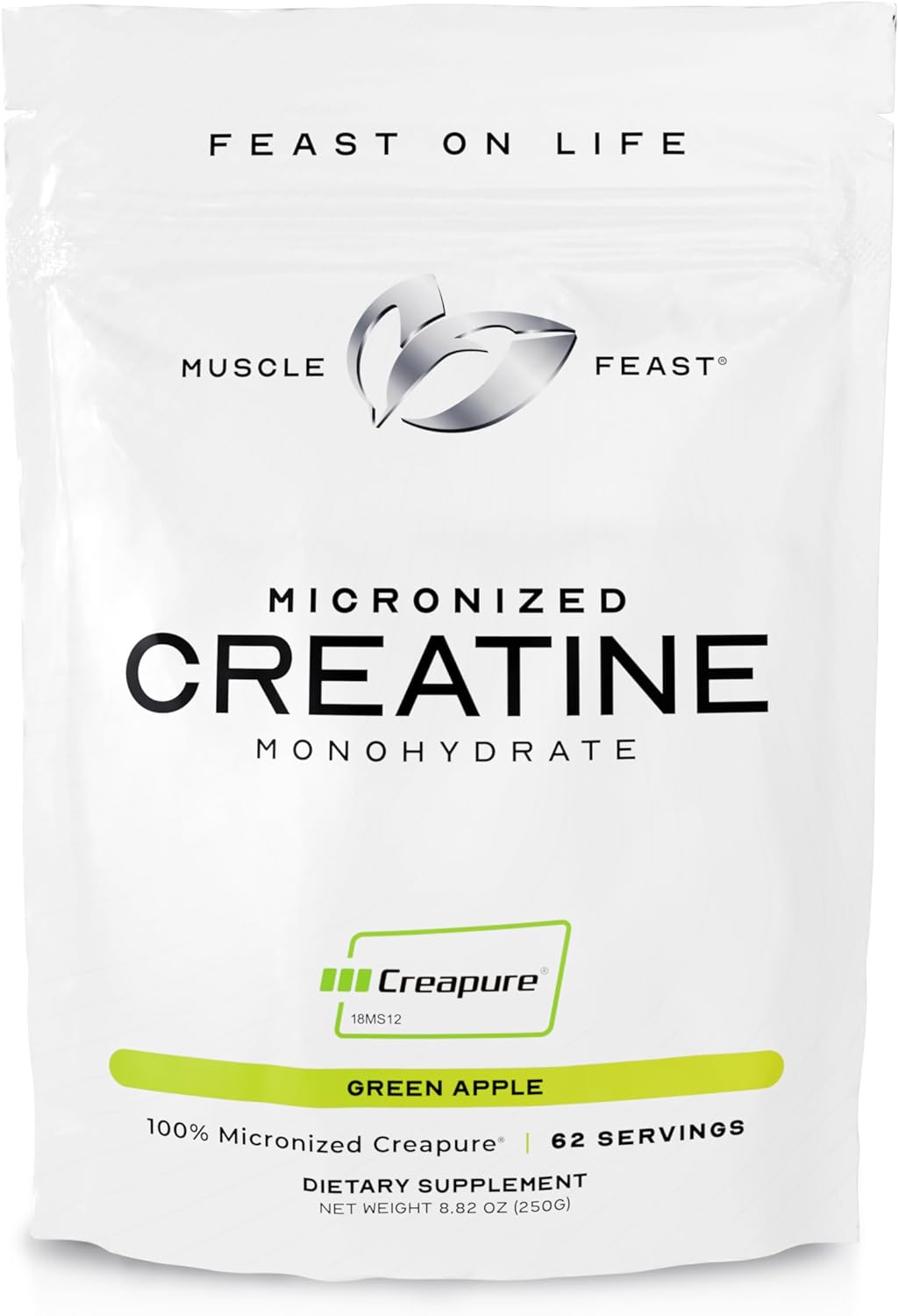 Premium Muscle Feast Creapure Micro Creatine Monohydrate Powder - Green Apple Flavor, 250g - Gluten-Free, Easy to Mix Pre/Post-Workout Supplement