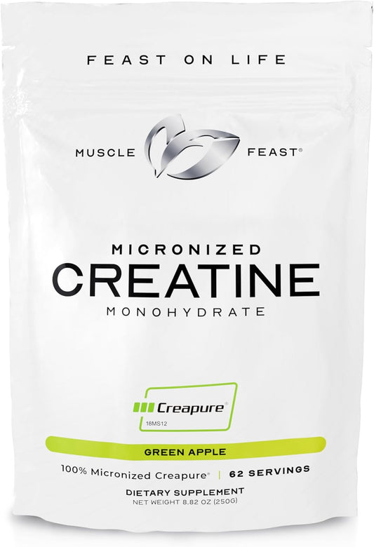Premium Muscle Feast Creapure Micro Creatine Monohydrate Powder - Green Apple Flavor, 250g - Gluten-Free, Easy to Mix Pre/Post-Workout Supplement