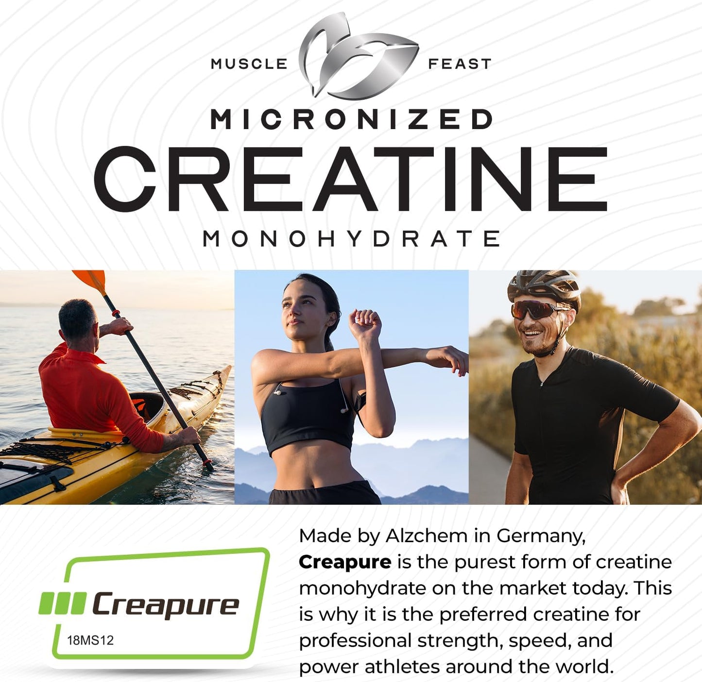 Premium Muscle Feast Creapure Micro Creatine Monohydrate Powder - Green Apple Flavor, 250g - Gluten-Free, Easy to Mix Pre/Post-Workout Supplement