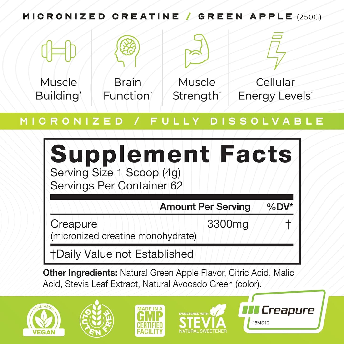 Premium Muscle Feast Creapure Micro Creatine Monohydrate Powder - Green Apple Flavor, 250g - Gluten-Free, Easy to Mix Pre/Post-Workout Supplement