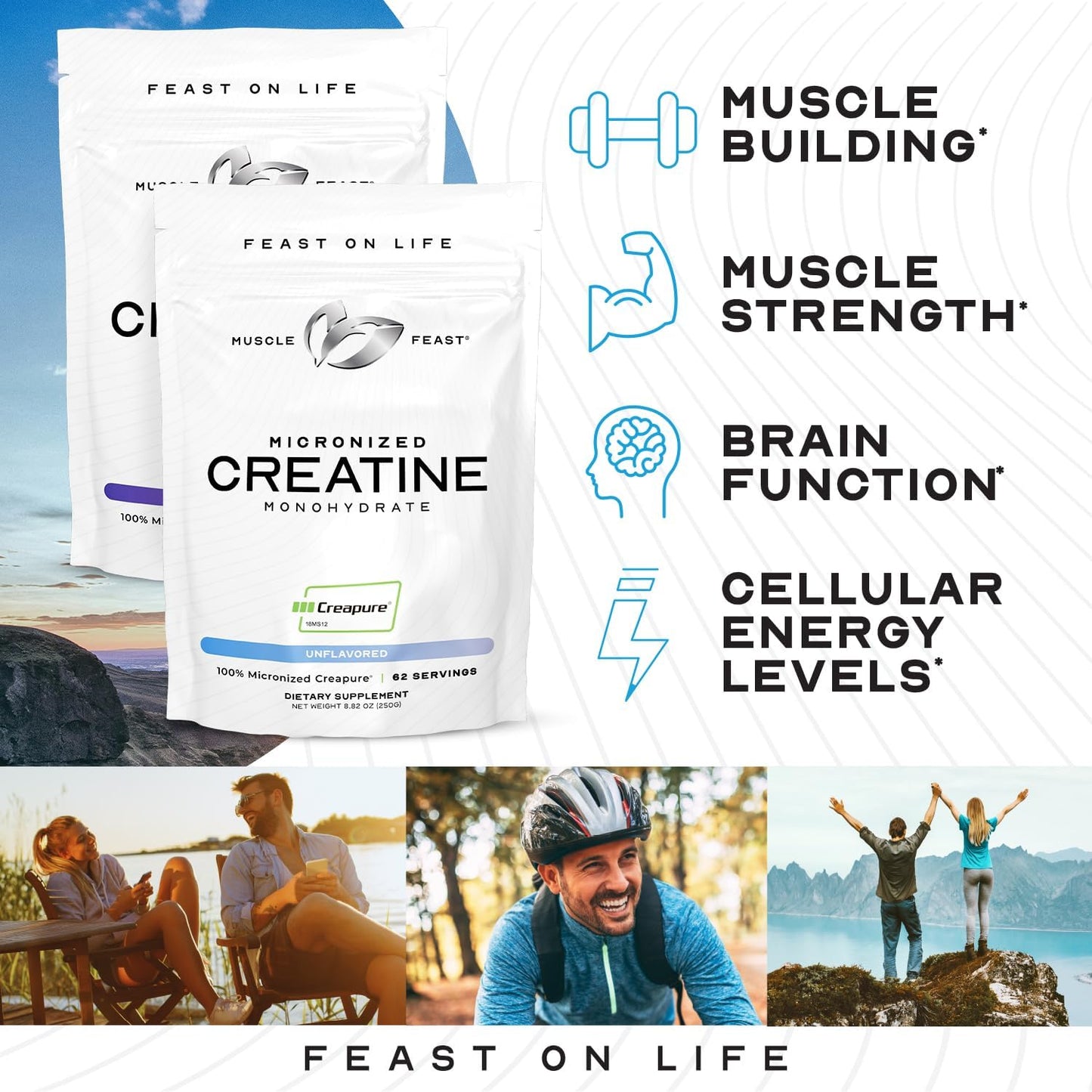 Premium Muscle Feast Creapure Micro Creatine Monohydrate Powder - Green Apple Flavor, 250g - Gluten-Free, Easy to Mix Pre/Post-Workout Supplement