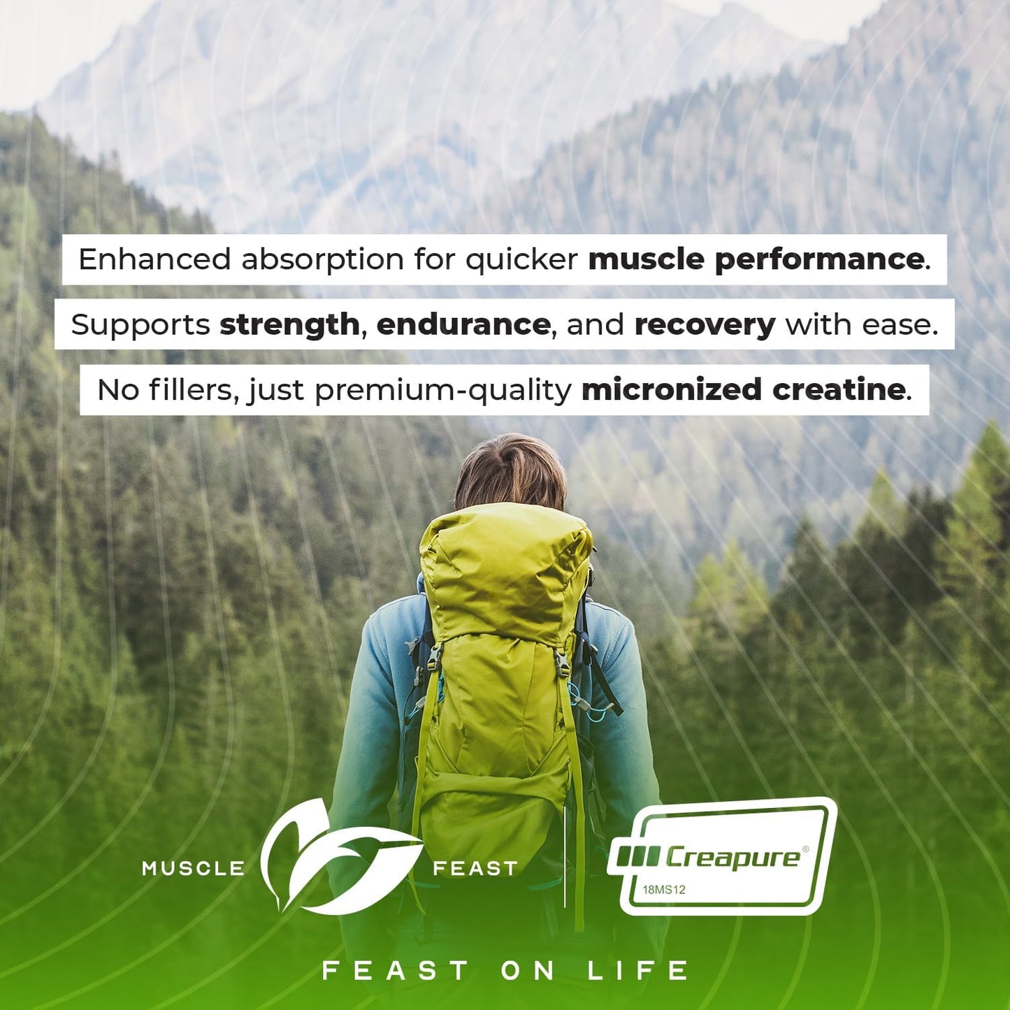 Premium Muscle Feast Creapure Micro Creatine Monohydrate Powder - Green Apple Flavor, 250g - Gluten-Free, Easy to Mix Pre/Post-Workout Supplement