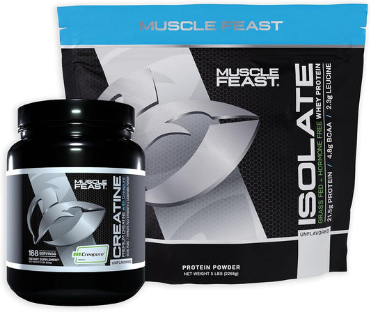Premium Muscle Feast Creatine and Whey Protein Isolate Bundle - Unflavored, Vegetarian, Gluten Free - 2lb Creatine Powder + 5lb Protein