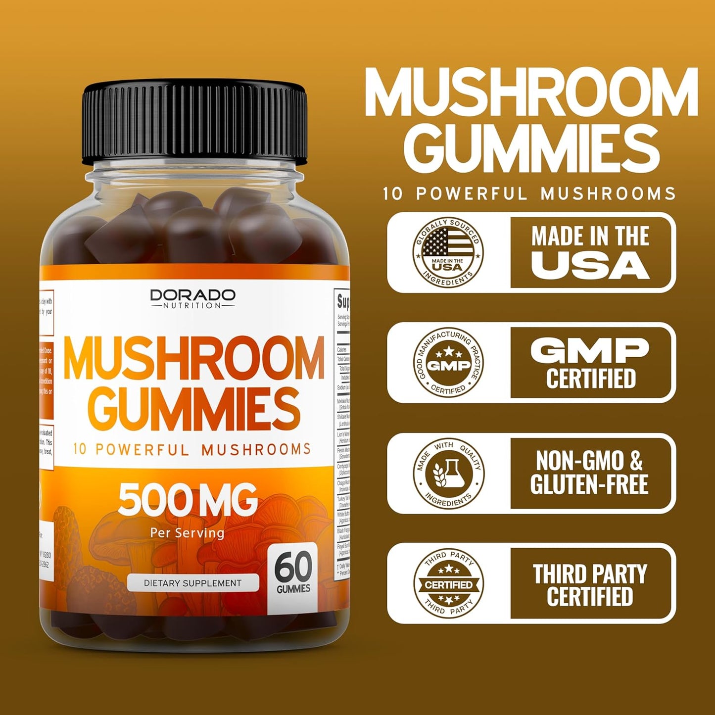 Premium Mushroom Gummies Blend for Focus & Brain Health - 10 in 1 Supplement with Lions Mane, Reishi, Cordyceps - Vegan & USA Made