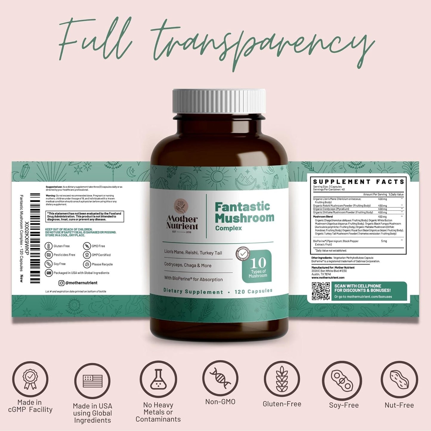 Premium Mushroom Supplement Capsules: Reishi, Chaga, Cordyceps, Shiitake & Lions Mane - 40-Day Supply (120 Capsules) - Pure Mushroom Extract Blend for Vitality & Wellness