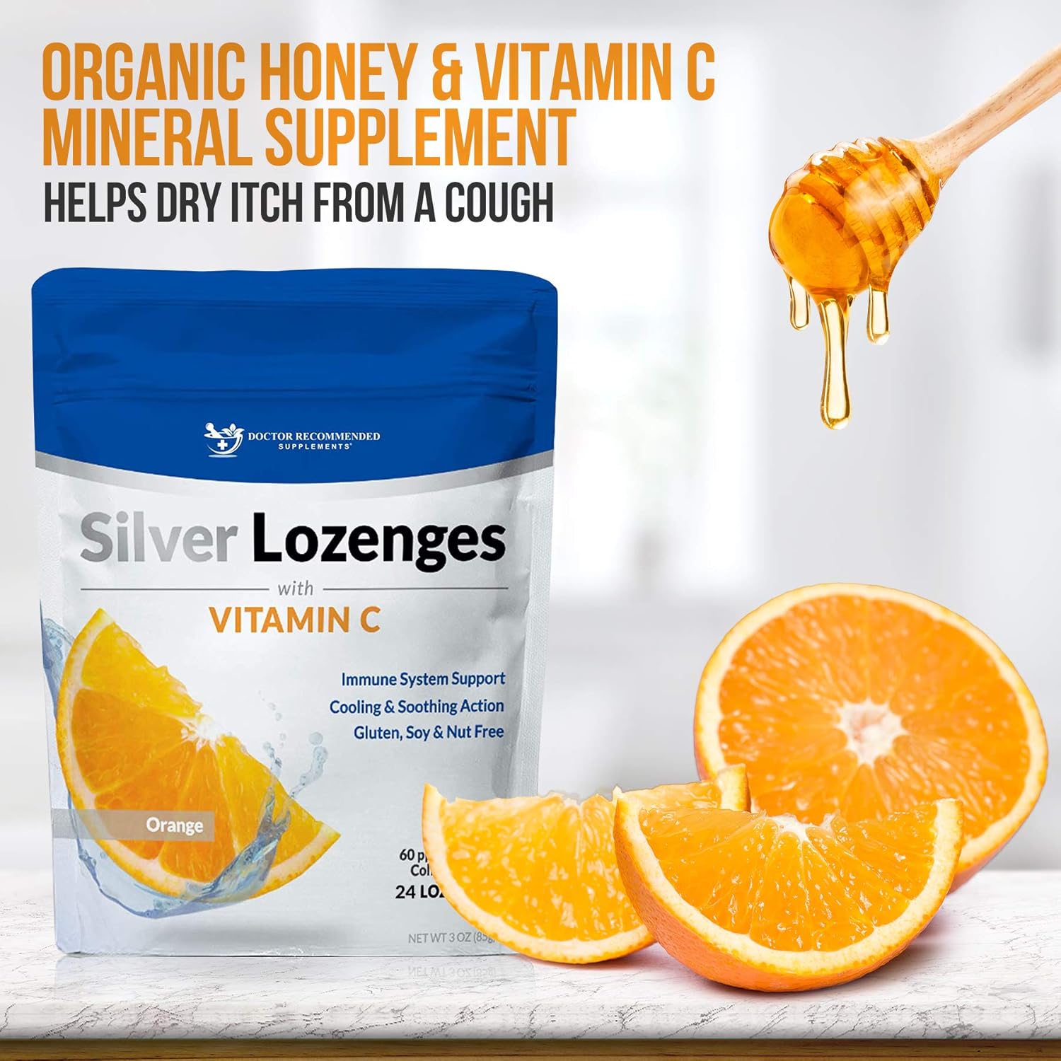 Premium Nano Silver 60 PPM Colloidal Silver Lozenges with Vitamin C and Honey - Immune Support and Throat Soothing Supplement - 24 Orange Lozenges - BoostGo Australia