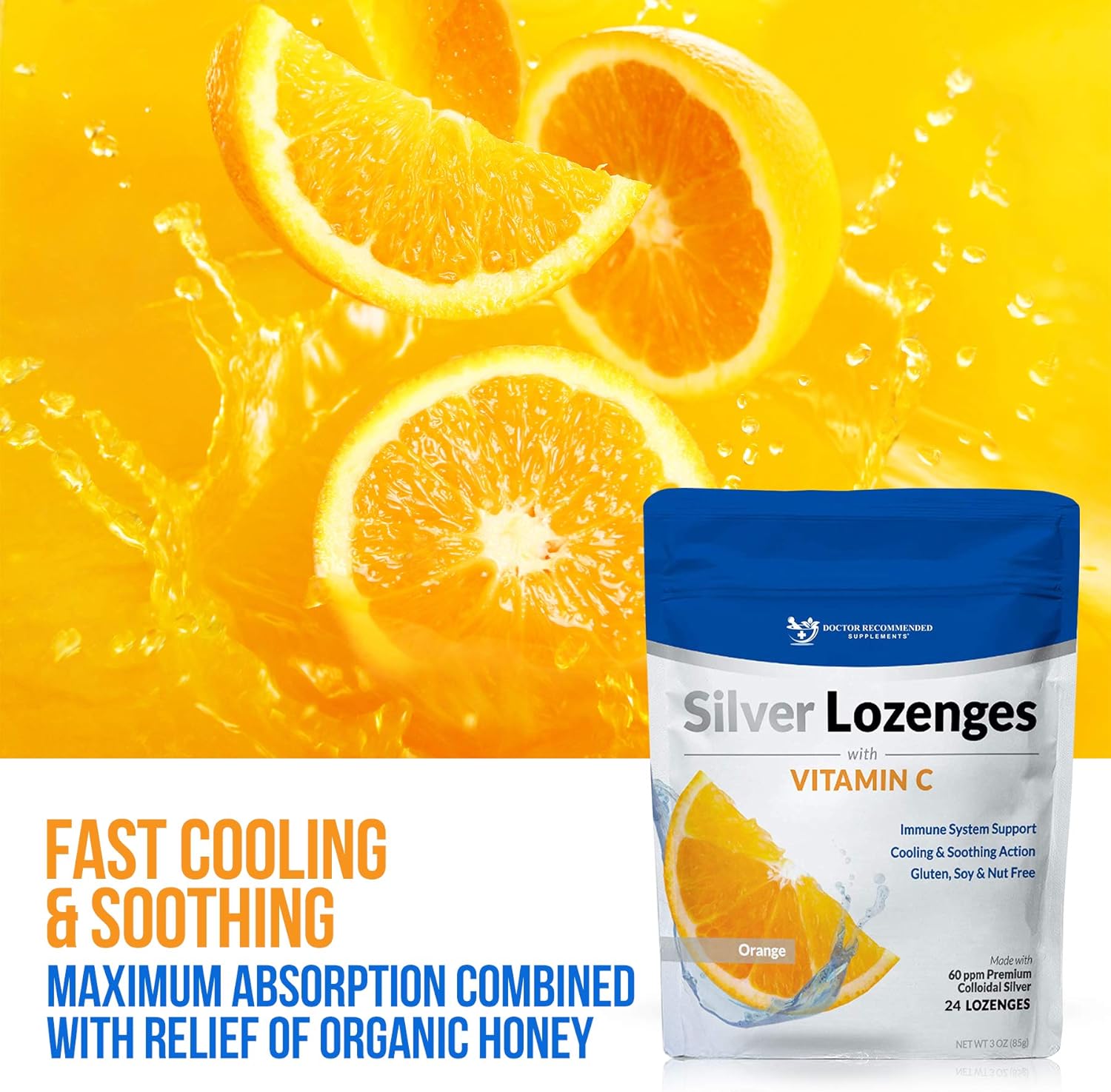 Premium Nano Silver 60 PPM Colloidal Silver Lozenges with Vitamin C and Honey - Immune Support and Throat Soothing Supplement - 24 Orange Lozenges - BoostGo Australia