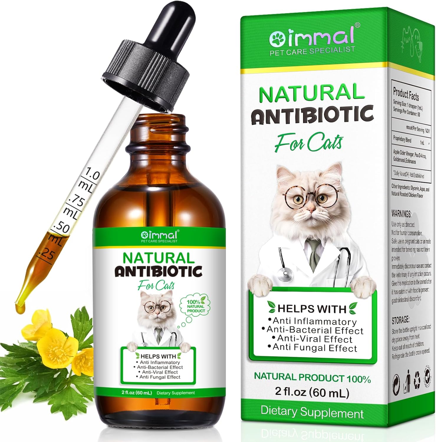 Premium Natural Antibiotic Supplement for Cats - Immune Support, Allergy Relief, Multivitamin - 2 Fl Oz / 60ML