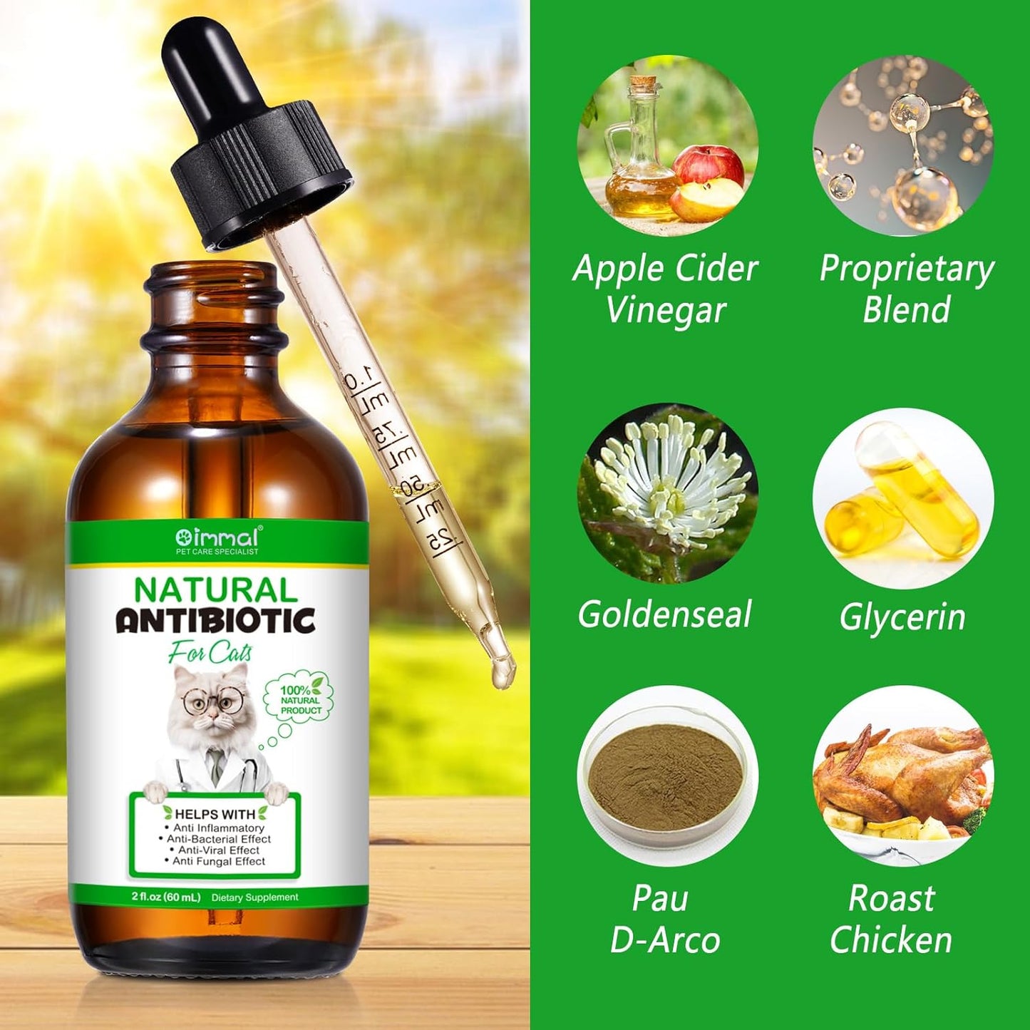 Premium Natural Antibiotic Supplement for Cats - Immune Support, Allergy Relief, Multivitamin - 2 Fl Oz / 60ML