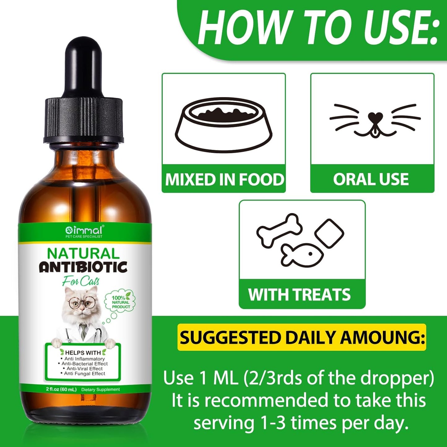 Premium Natural Antibiotic Supplement for Cats - Immune Support, Allergy Relief, Multivitamin - 2 Fl Oz / 60ML