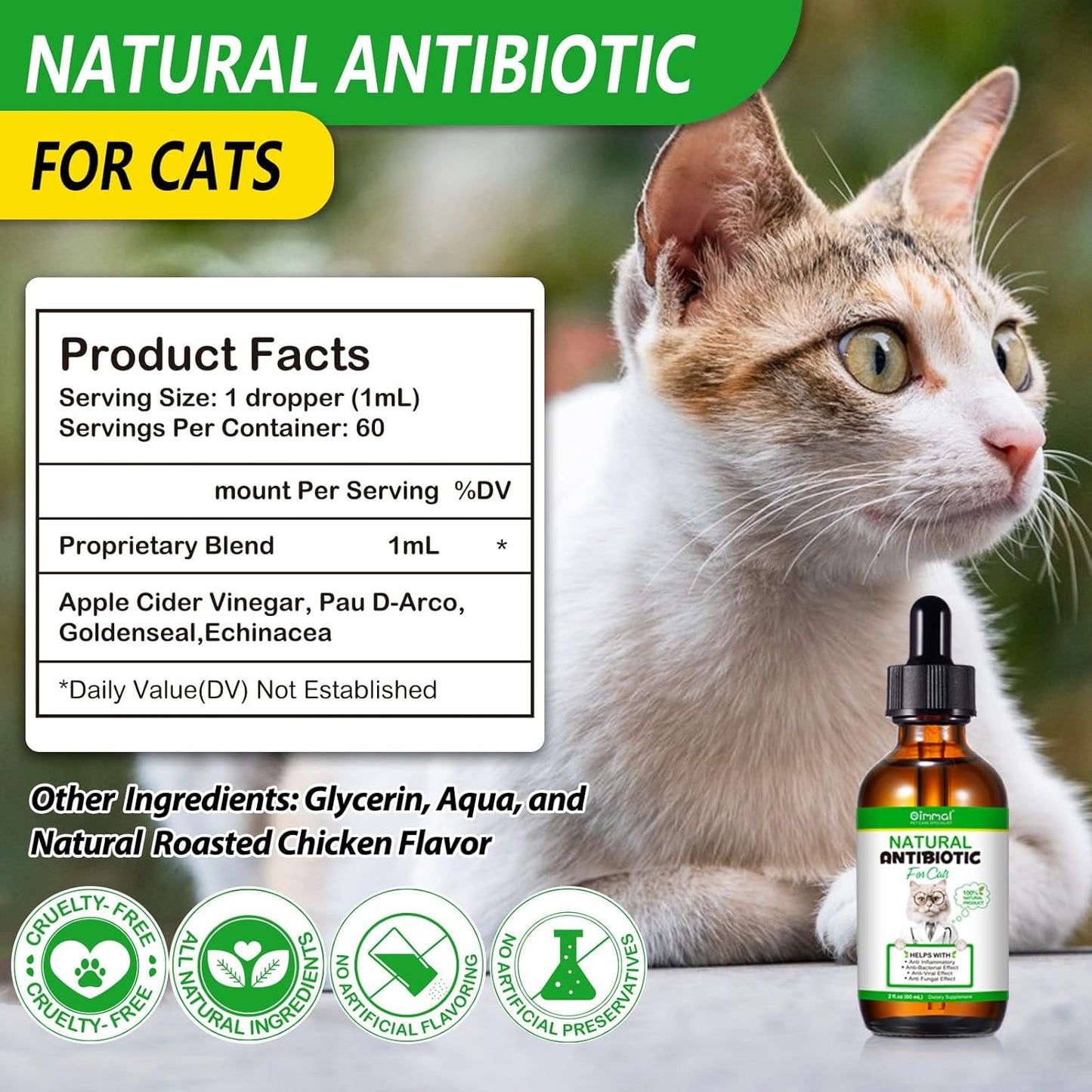 Premium Natural Antibiotic Supplement for Cats - Immune Support, Allergy Relief, Multivitamin - 2 Fl Oz / 60ML
