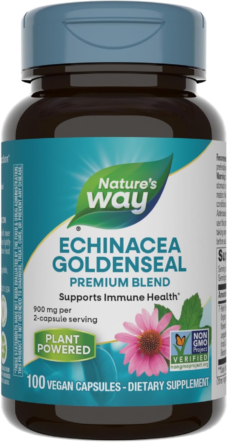 Premium Nature's Way Echinacea Goldenseal Capsules - 900 mg Immune Support, Non-GMO, Vegan - 100 Count