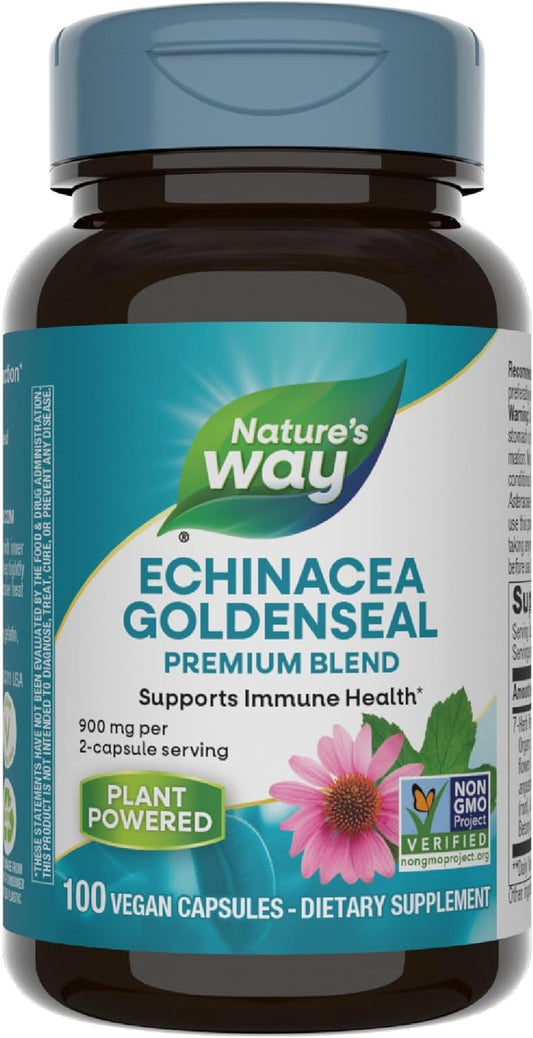 Premium Nature's Way Echinacea Goldenseal Capsules - 900 mg Immune Support, Non-GMO, Vegan - 100 Count