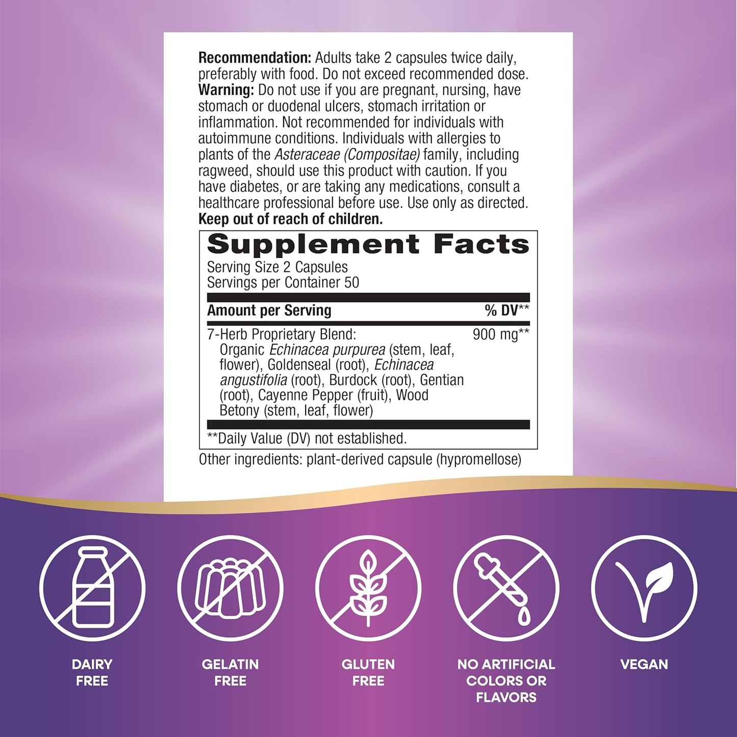 Premium Nature's Way Echinacea Goldenseal Capsules - 900 mg Immune Support, Non-GMO, Vegan - 100 Count