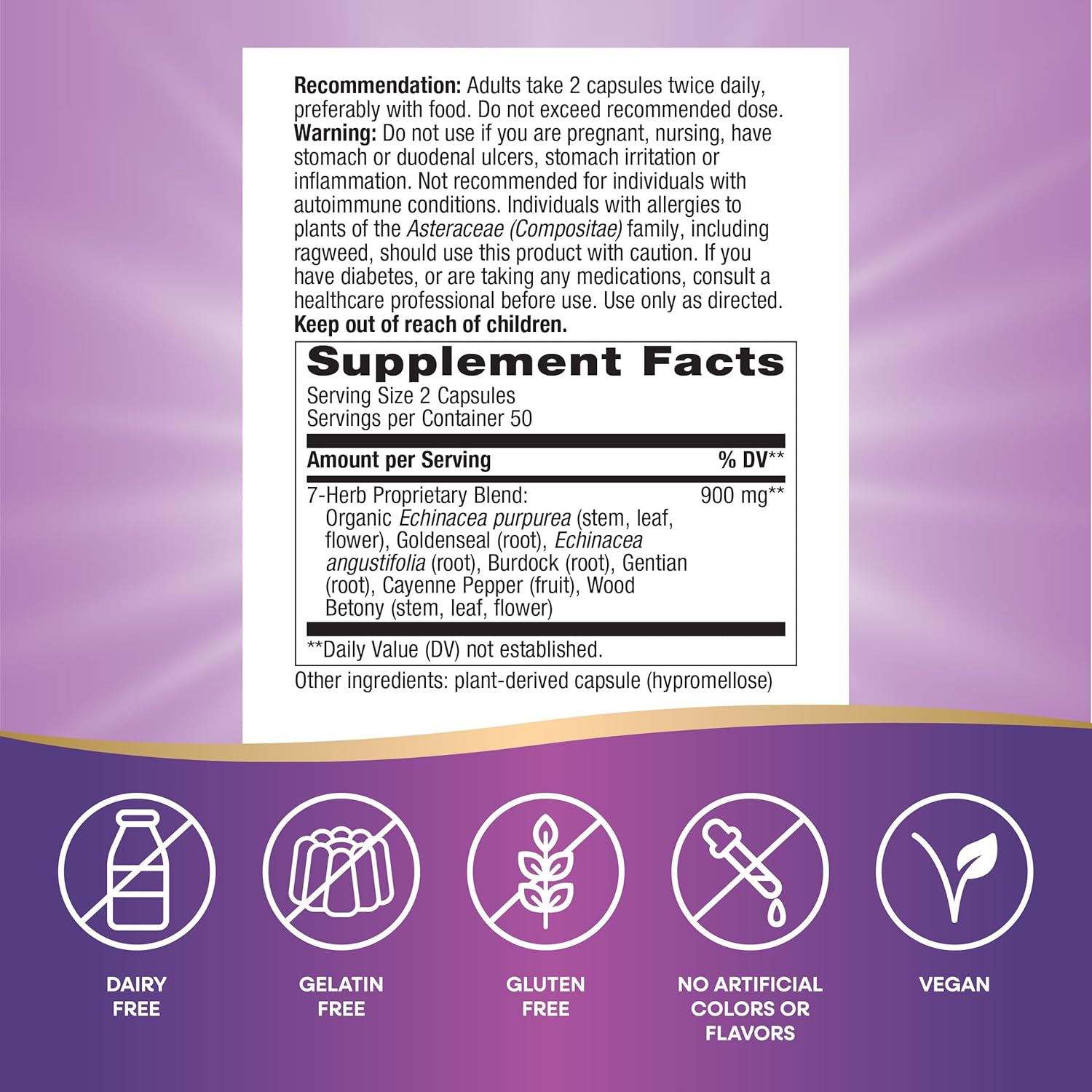 Premium Nature's Way Echinacea Goldenseal Capsules - 900 mg Immune Support, Non-GMO, Vegan - 100 Count